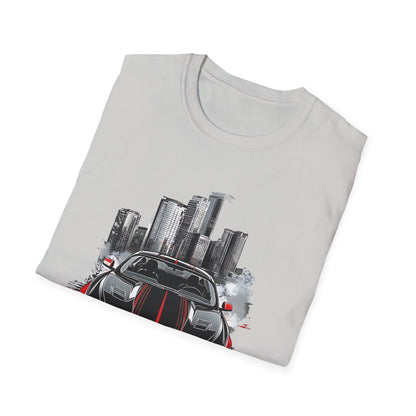 Mustang Car Cityscape T‑Shirt — Red Mustang Front Graphic