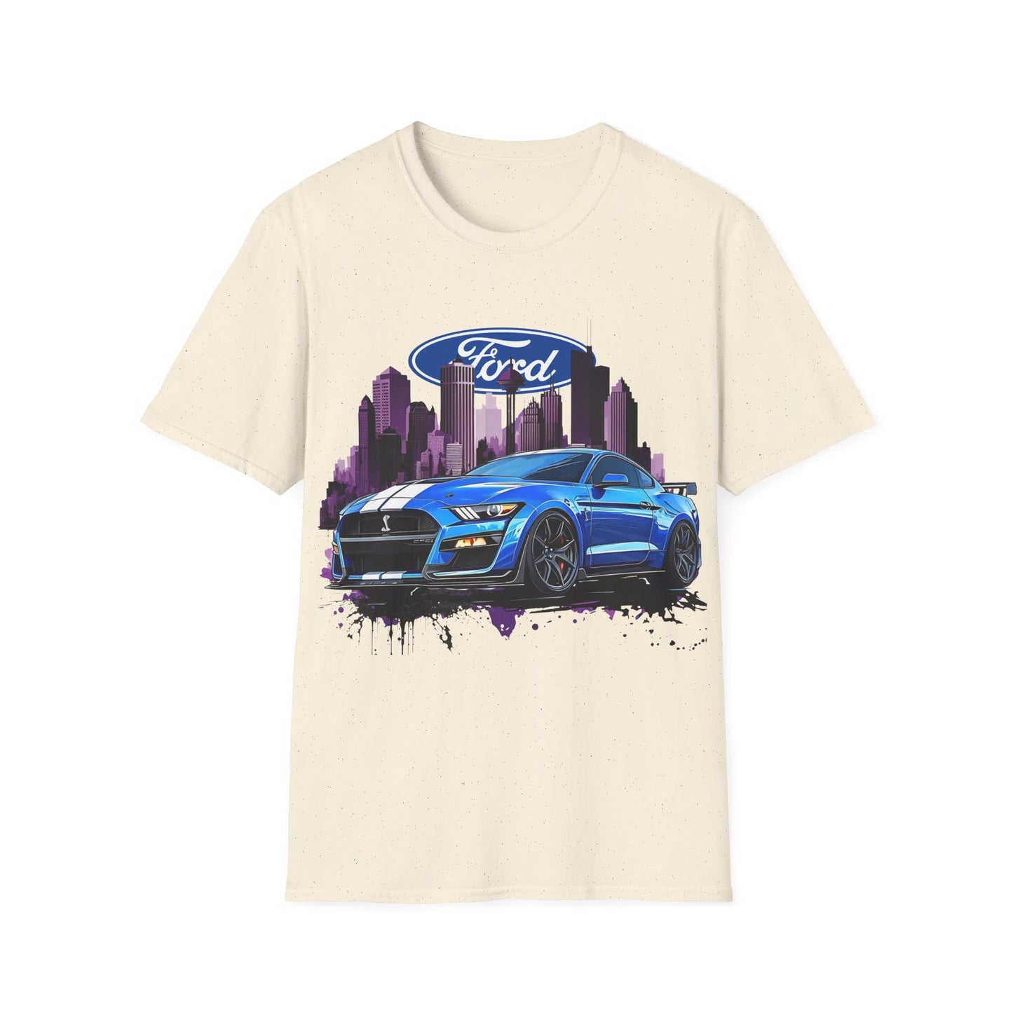 Ford Mustang Graphic T-Shirt — Blue Muscle Car Cityscape Tee