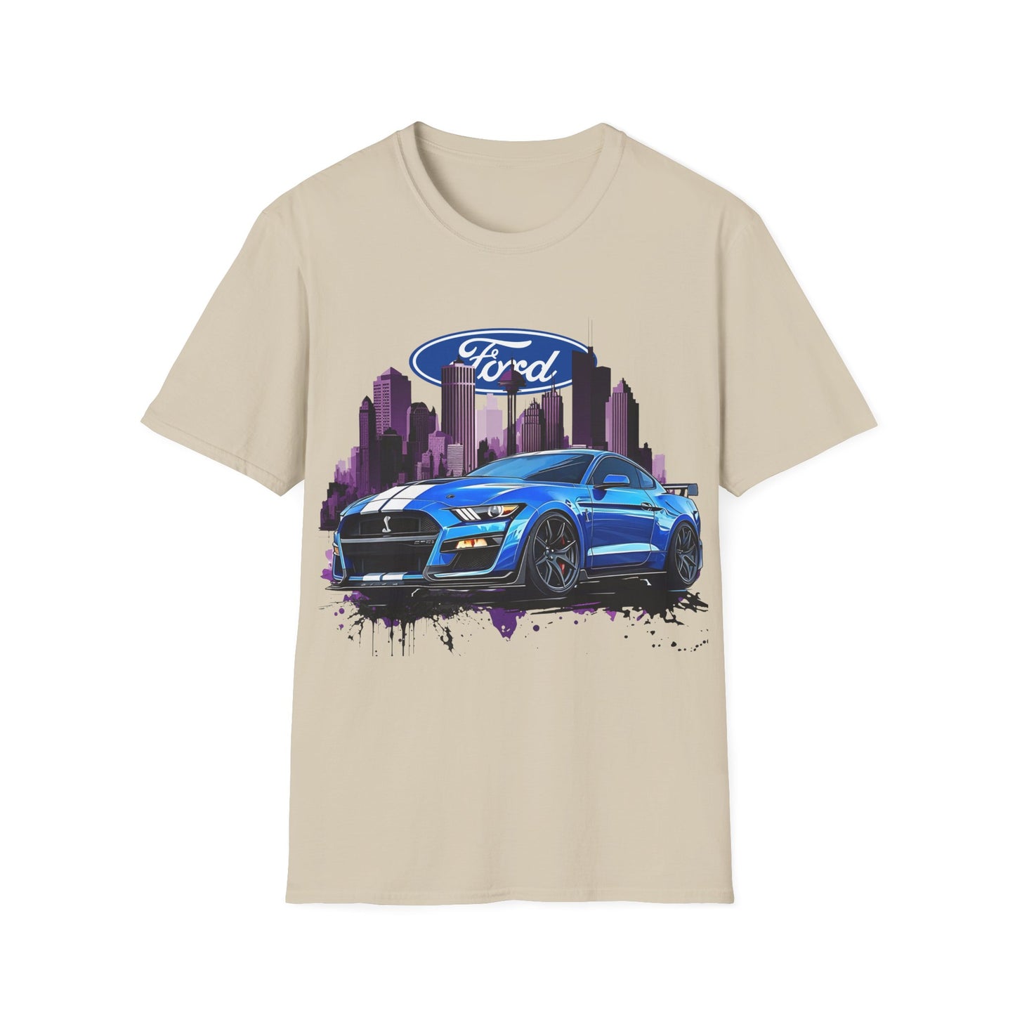 Ford Mustang Graphic T-Shirt — Blue Muscle Car Cityscape Tee