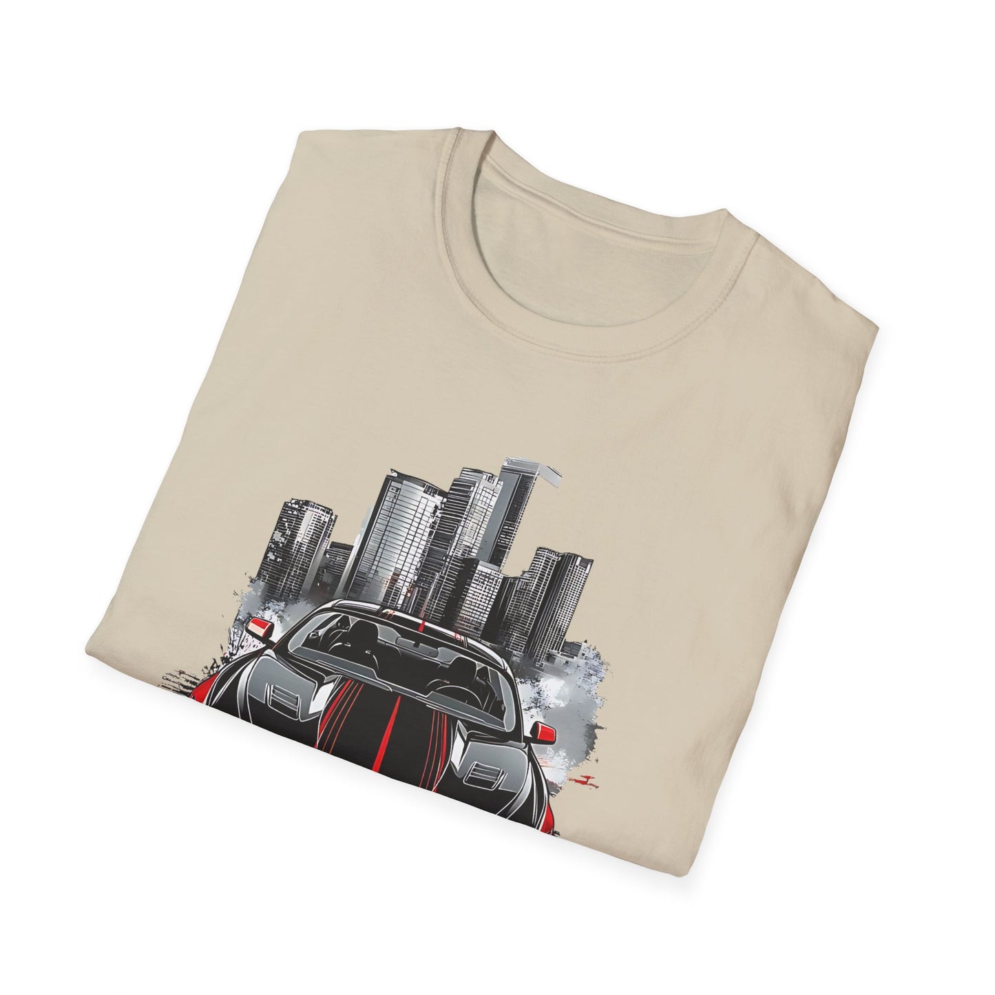 Mustang Car Cityscape T‑Shirt — Red Mustang Front Graphic