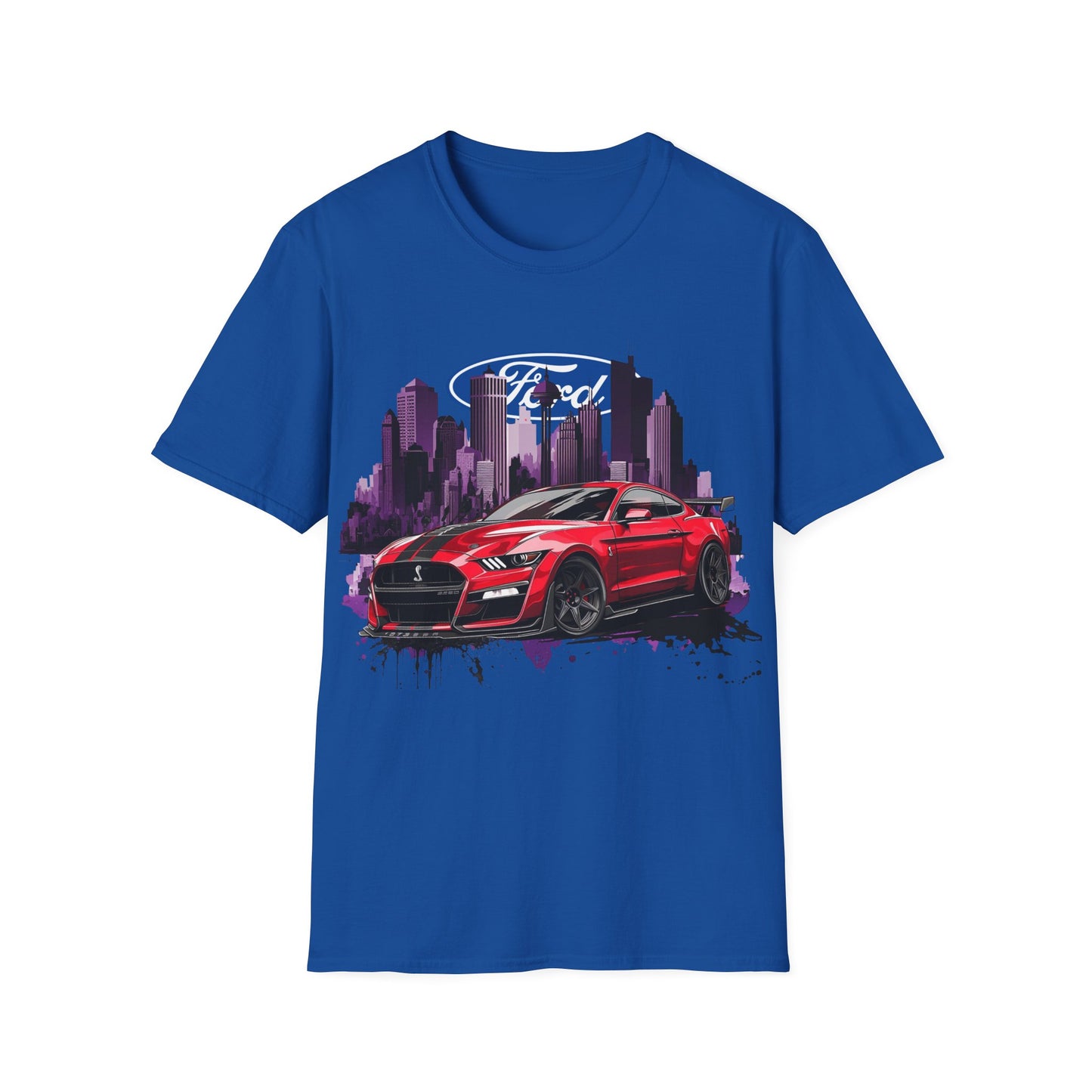 Ford Mustang Graphic T‑Shirt — Red Sports Car Cityscape Racing Tee