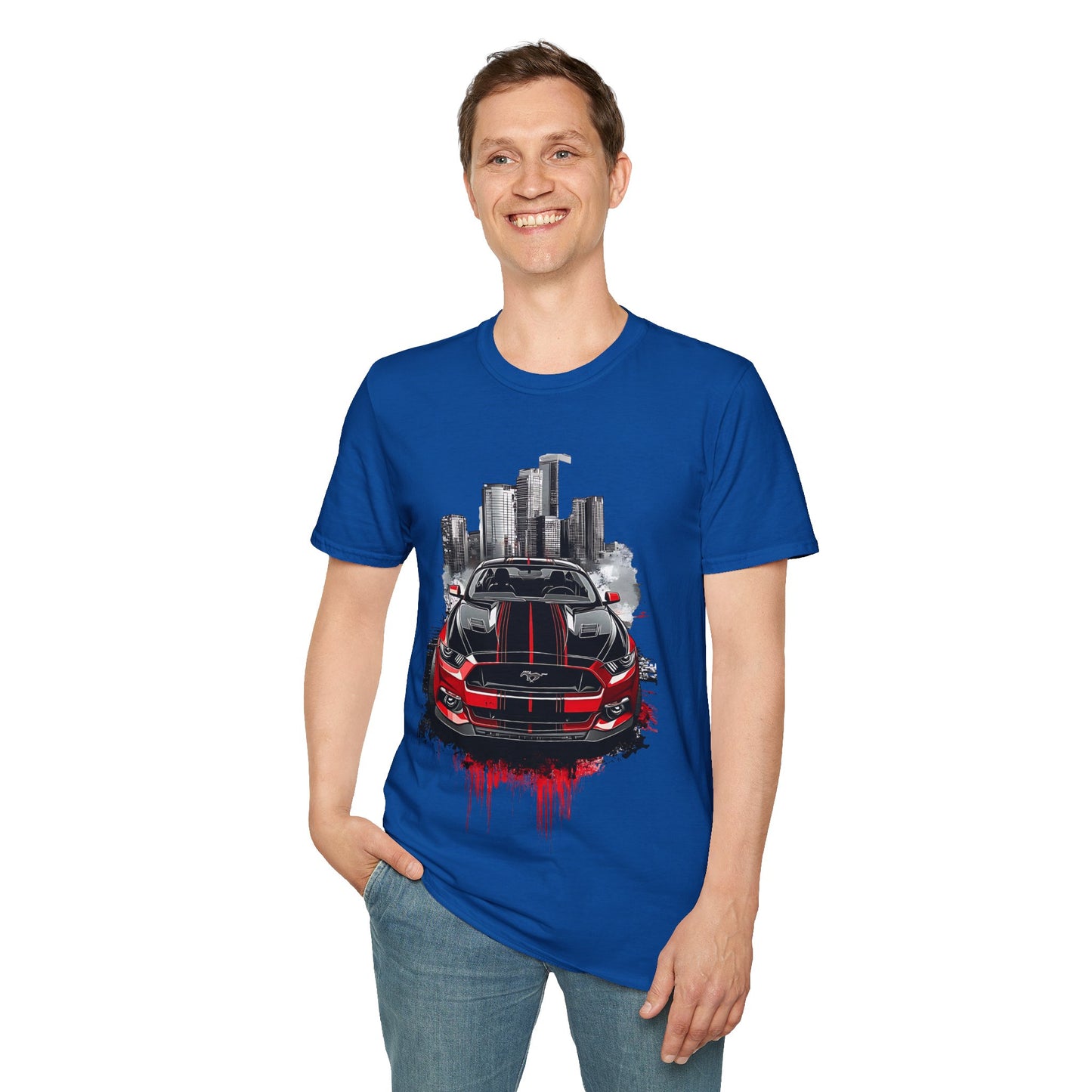 Mustang Car Cityscape T‑Shirt — Red Mustang Front Graphic