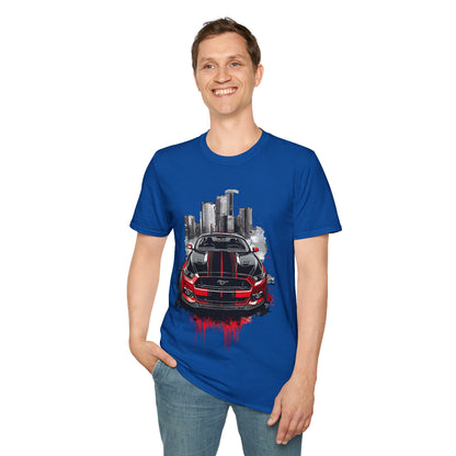 Mustang Car Cityscape T‑Shirt — Red Mustang Front Graphic
