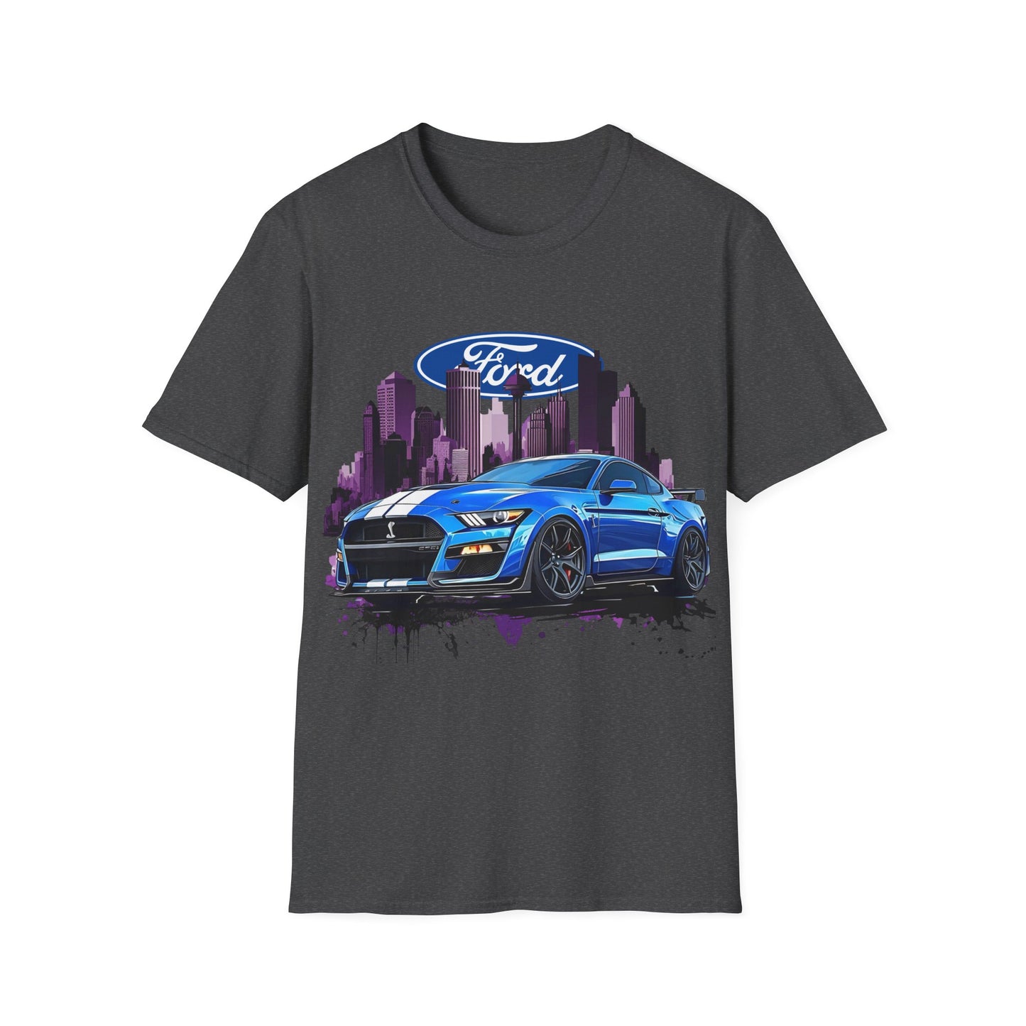 Ford Mustang Graphic T-Shirt — Blue Muscle Car Cityscape Tee