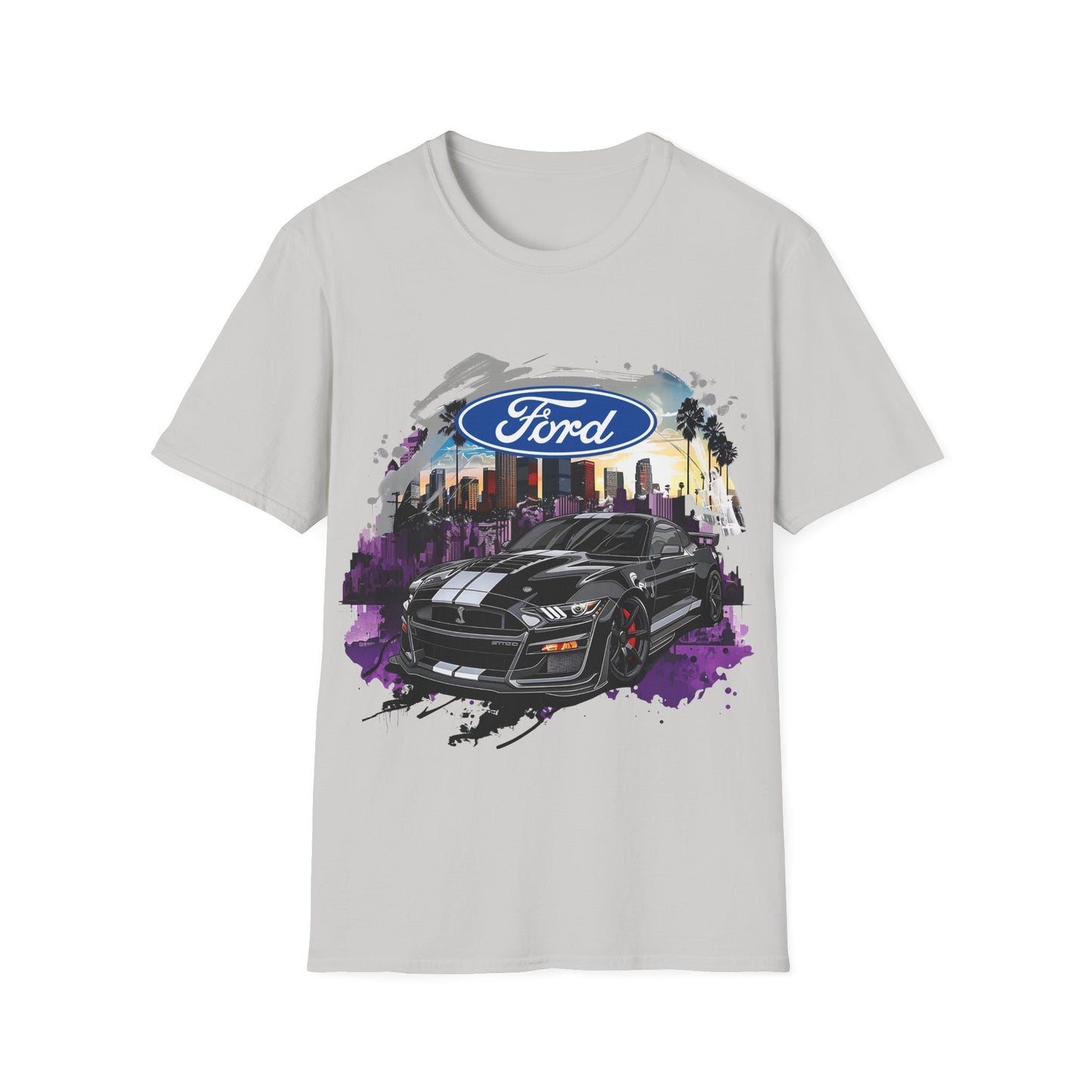 Ford Mustang Graphic T‑Shirt — Black Muscle Car Cityscape Design