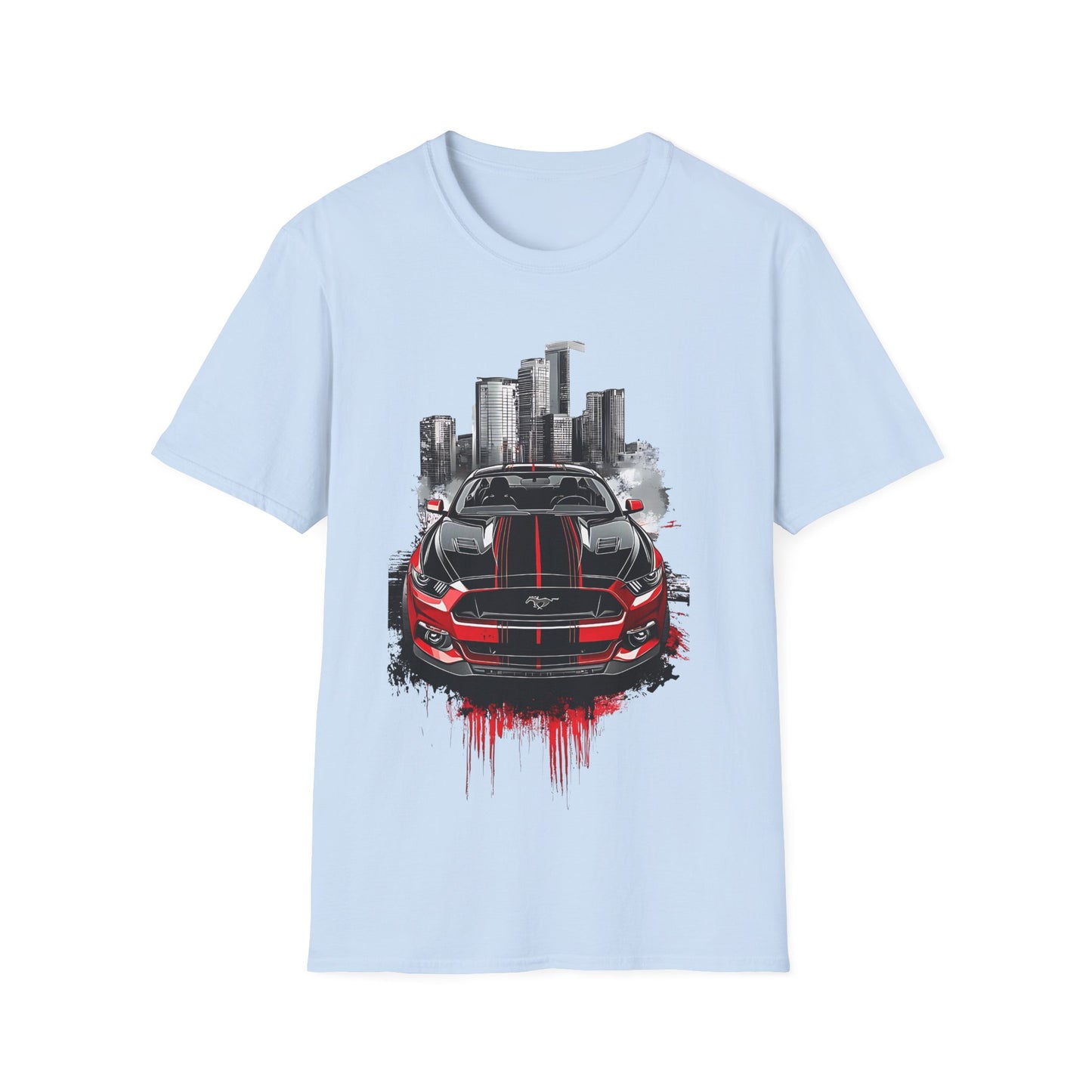 Mustang Car Cityscape T‑Shirt — Red Mustang Front Graphic