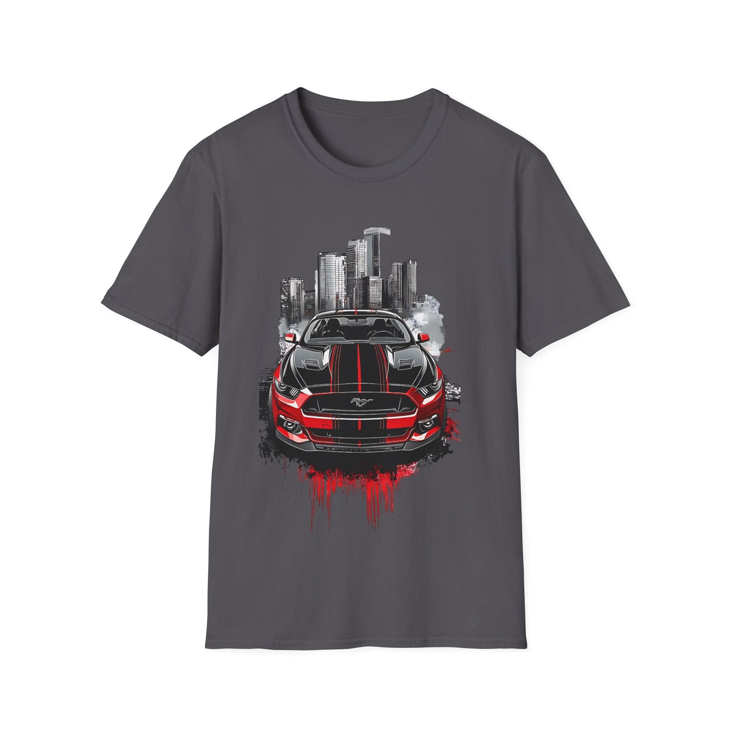 Mustang Car Cityscape T‑Shirt — Red Mustang Front Graphic