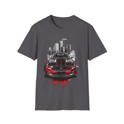Mustang Car Cityscape T‑Shirt — Red Mustang Front Graphic