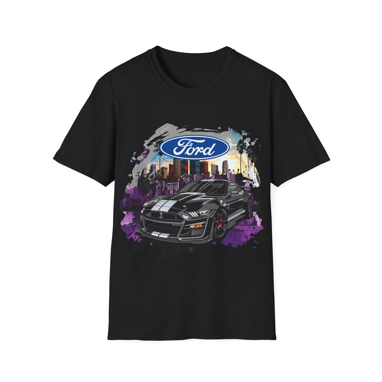 Ford Mustang Graphic T‑Shirt — Black Muscle Car Cityscape Design