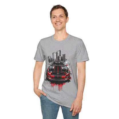 Mustang Car Cityscape T‑Shirt — Red Mustang Front Graphic