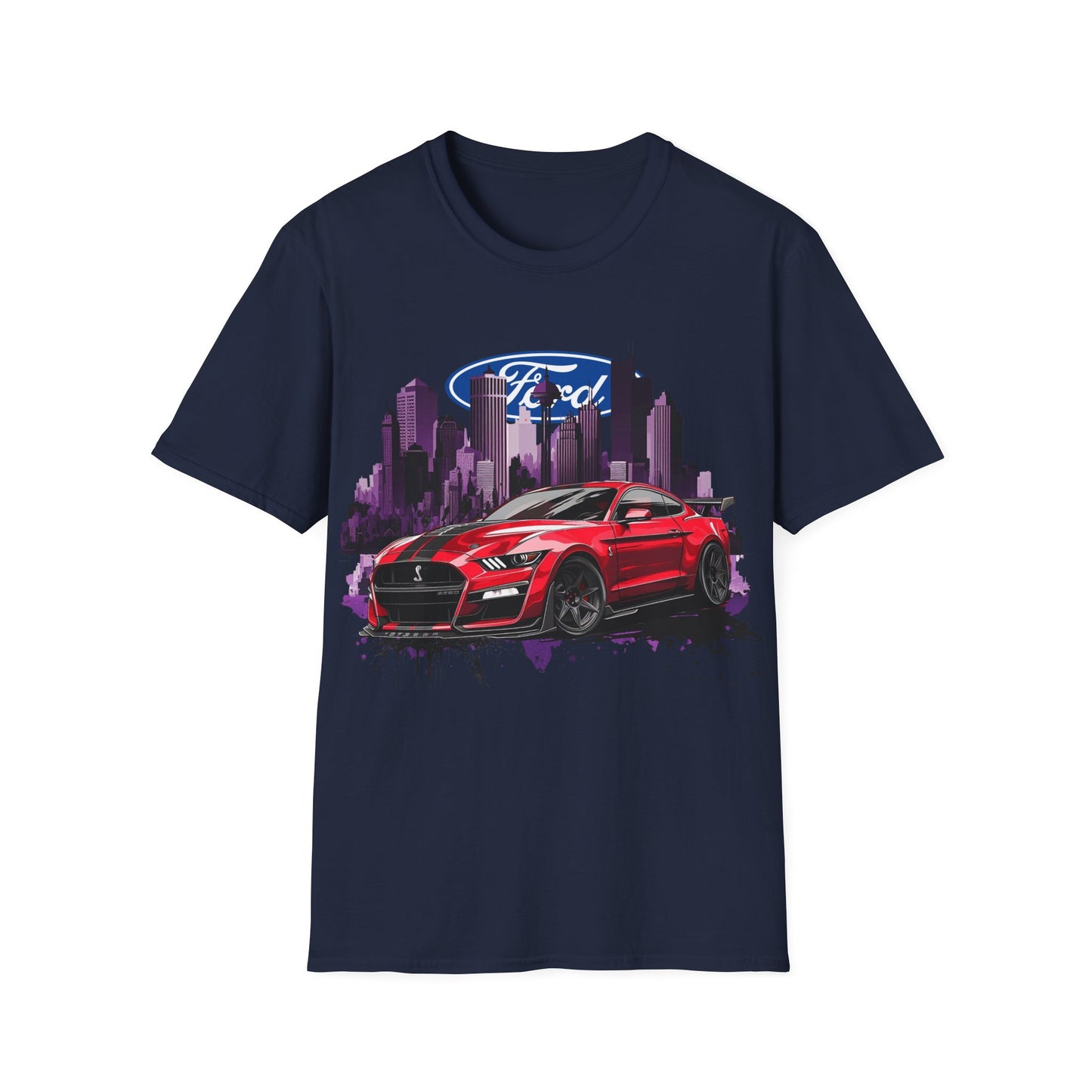 Ford Mustang Graphic T‑Shirt — Red Sports Car Cityscape Racing Tee