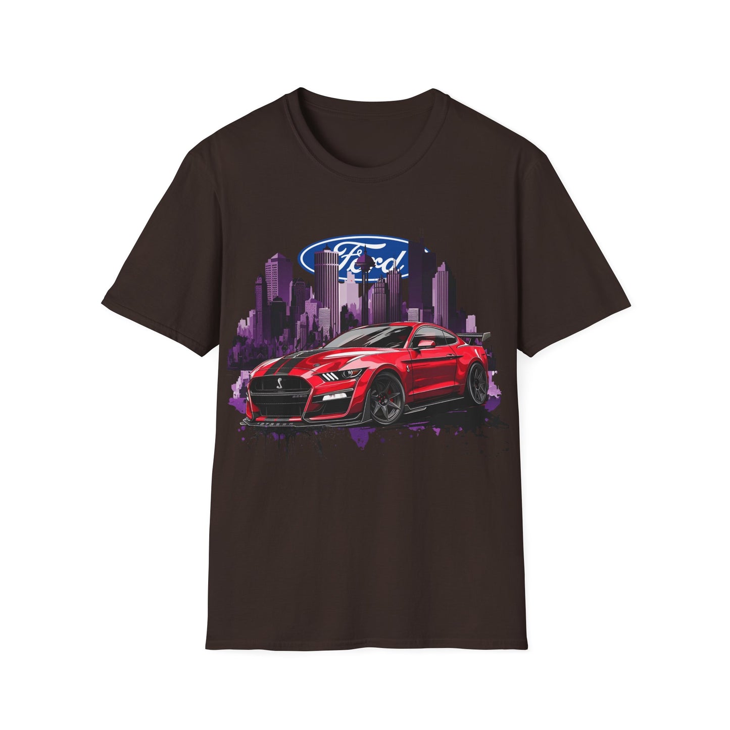 Ford Mustang Graphic T‑Shirt — Red Sports Car Cityscape Racing Tee
