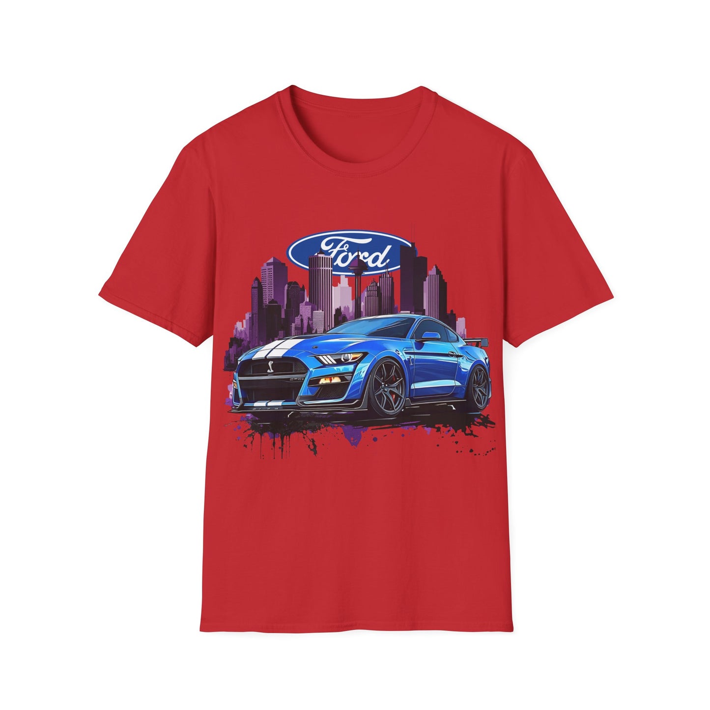 Ford Mustang Graphic T-Shirt — Blue Muscle Car Cityscape Tee