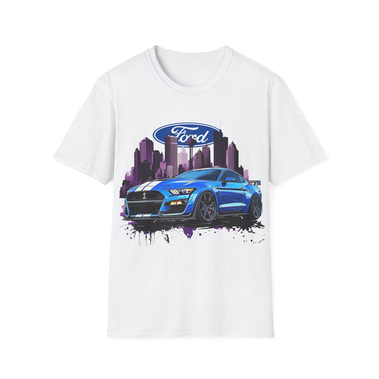 Ford Mustang Graphic T-Shirt — Blue Muscle Car Cityscape Tee