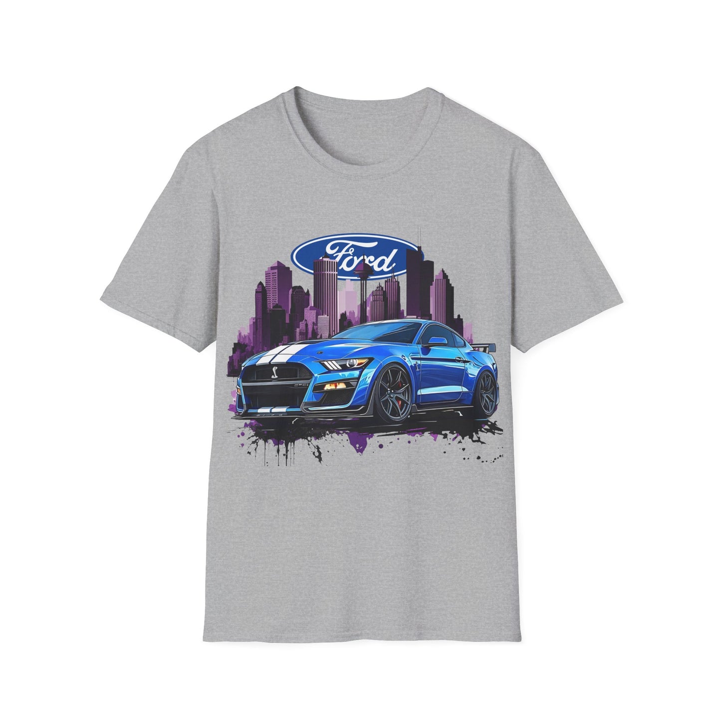 Ford Mustang Graphic T-Shirt — Blue Muscle Car Cityscape Tee