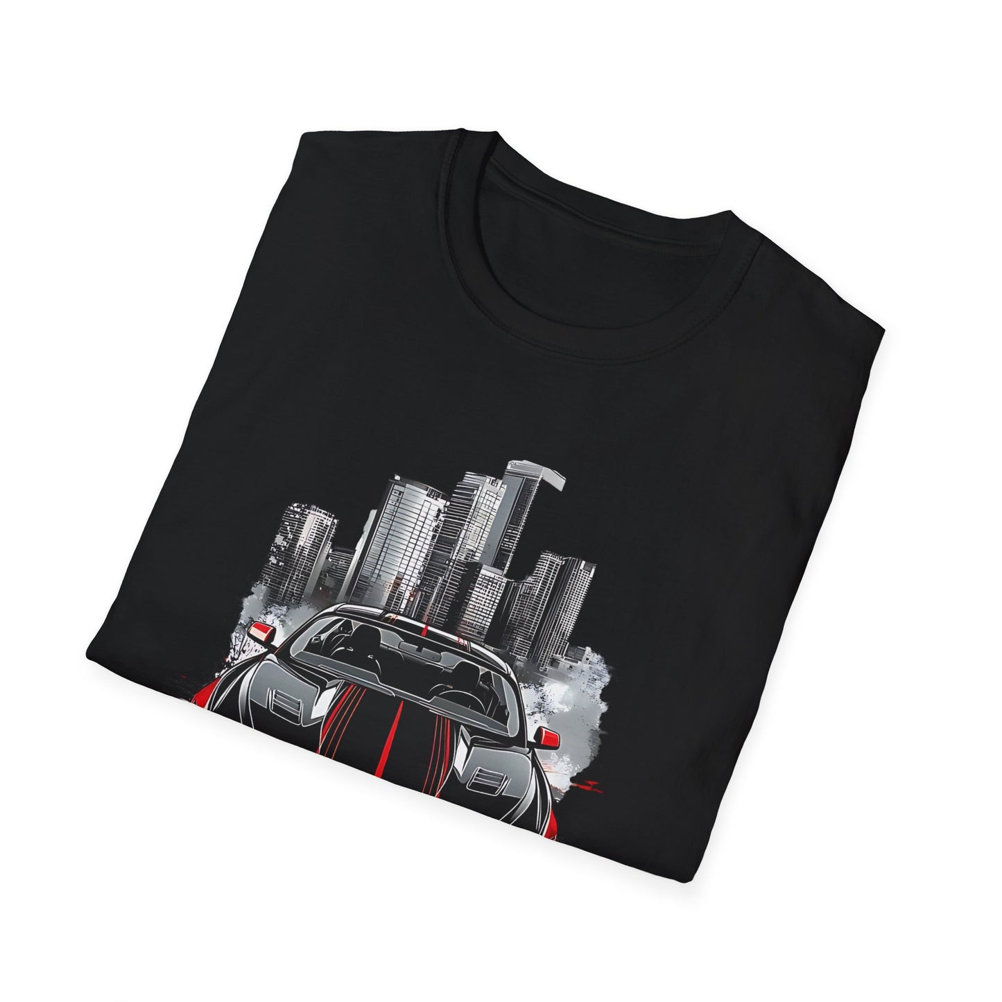 Mustang Car Cityscape T‑Shirt — Red Mustang Front Graphic
