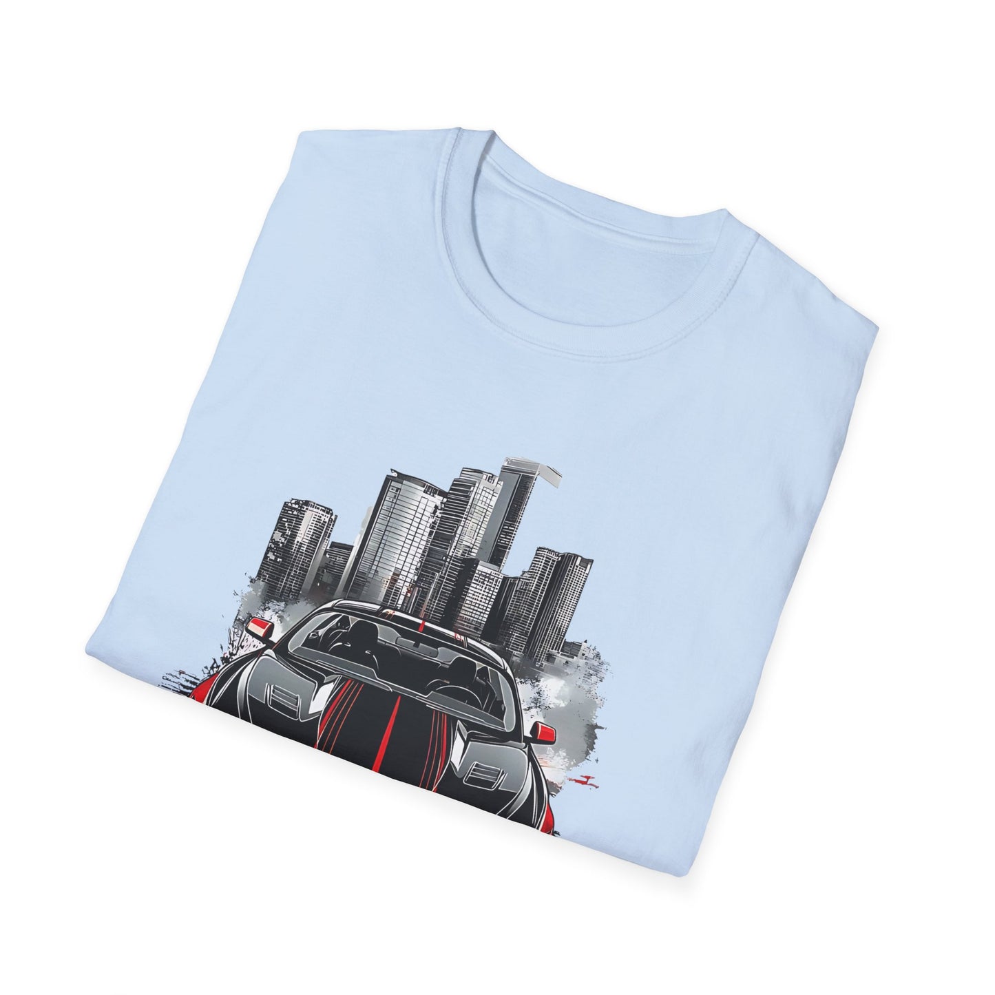 Mustang Car Cityscape T‑Shirt — Red Mustang Front Graphic