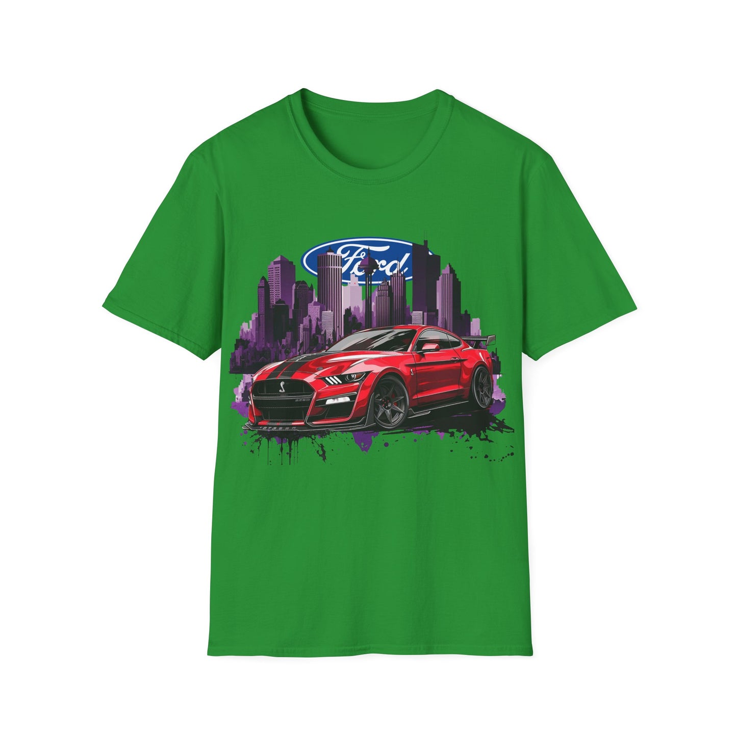 Ford Mustang Graphic T‑Shirt — Red Sports Car Cityscape Racing Tee
