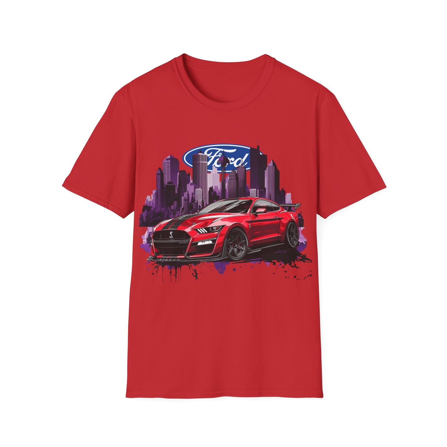 Ford Mustang Graphic T‑Shirt — Red Sports Car Cityscape Racing Tee