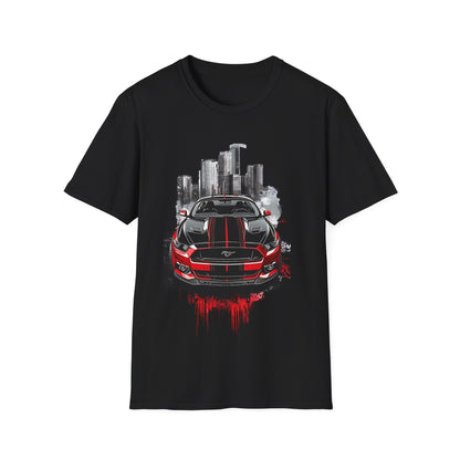 Mustang Car Cityscape T‑Shirt — Red Mustang Front Graphic