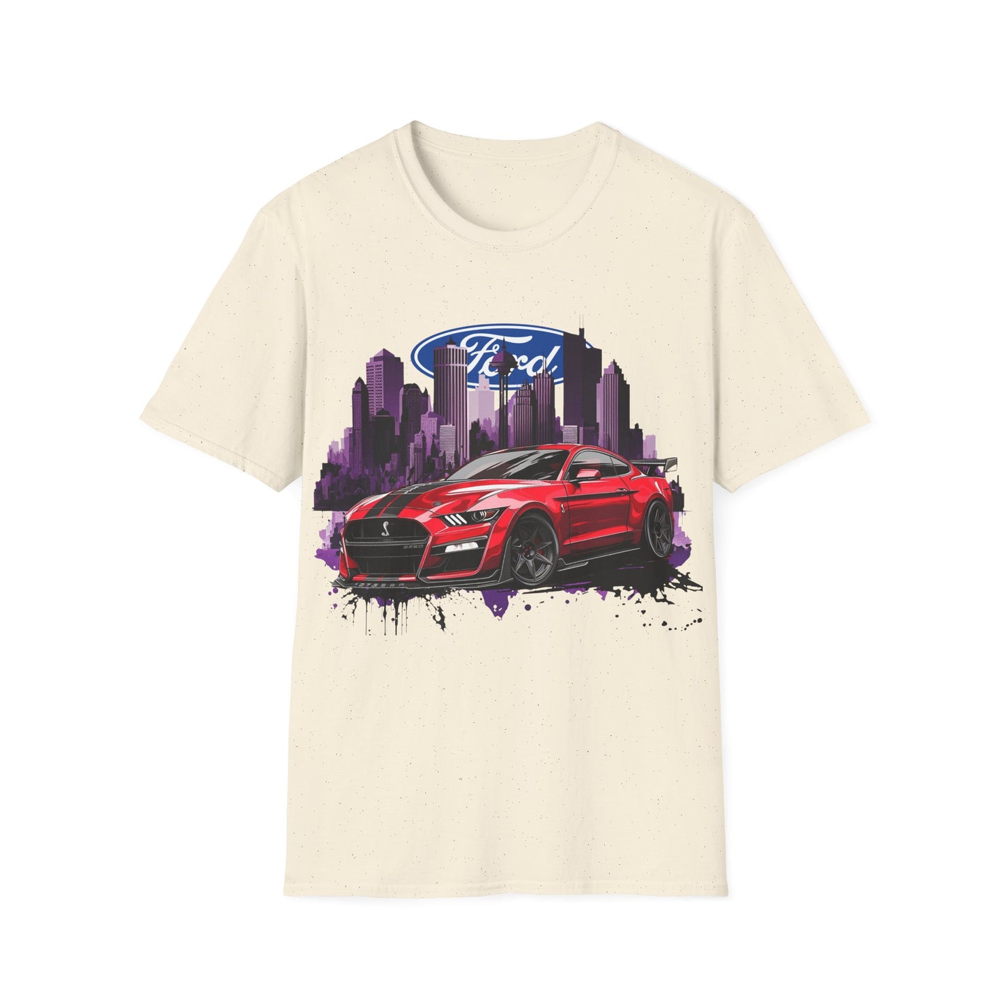 Ford Mustang Graphic T‑Shirt — Red Sports Car Cityscape Racing Tee