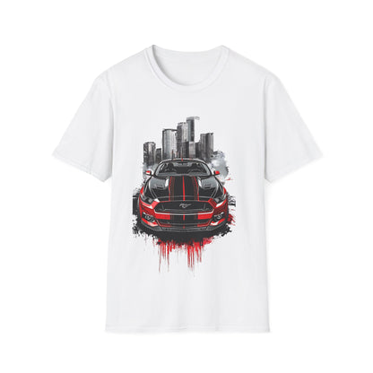 Mustang Car Cityscape T‑Shirt — Red Mustang Front Graphic