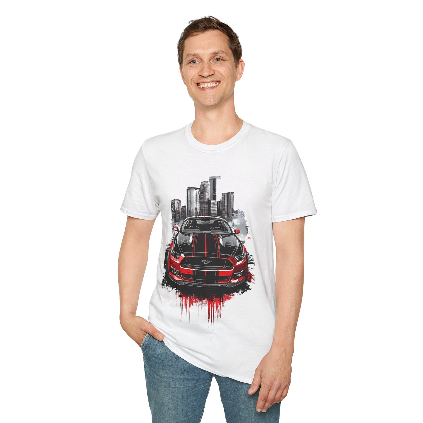 Mustang Car Cityscape T‑Shirt — Red Mustang Front Graphic