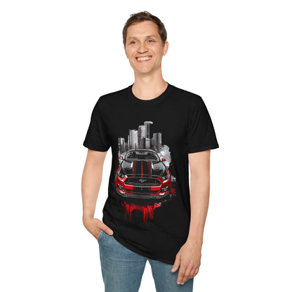 Mustang Car Cityscape T‑Shirt — Red Mustang Front Graphic