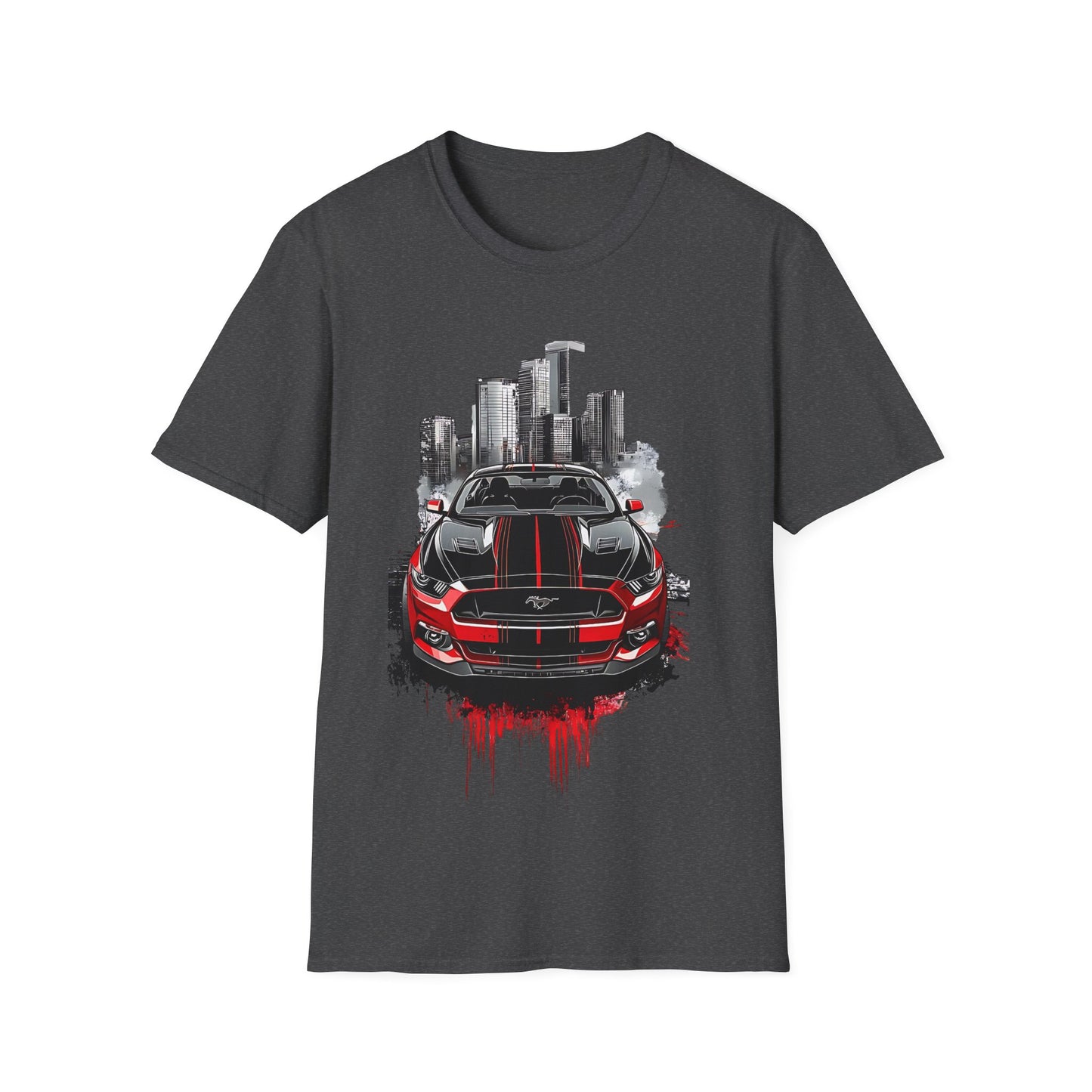Mustang Car Cityscape T‑Shirt — Red Mustang Front Graphic