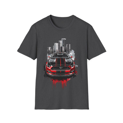 Mustang Car Cityscape T‑Shirt — Red Mustang Front Graphic