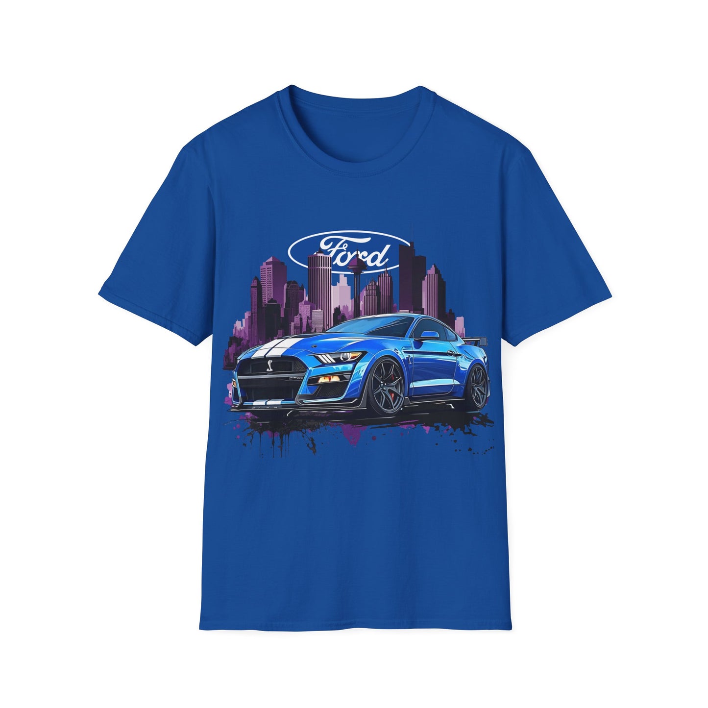 Ford Mustang Graphic T-Shirt — Blue Muscle Car Cityscape Tee