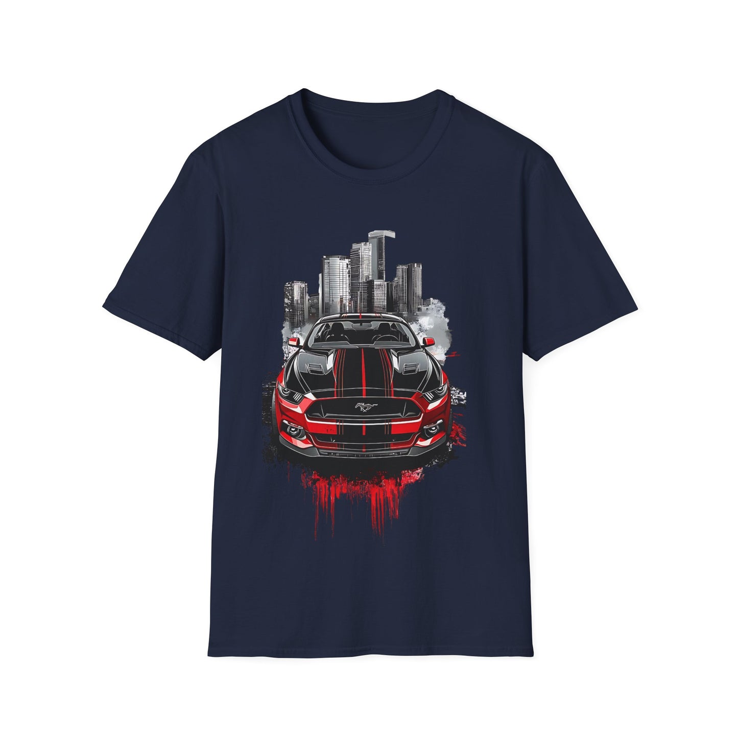 Mustang Car Cityscape T‑Shirt — Red Mustang Front Graphic