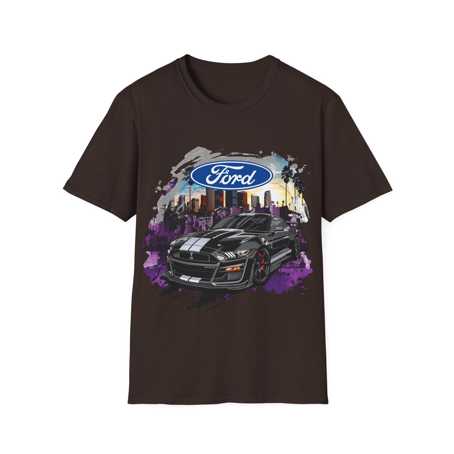 Ford Mustang Graphic T‑Shirt — Black Muscle Car Cityscape Design