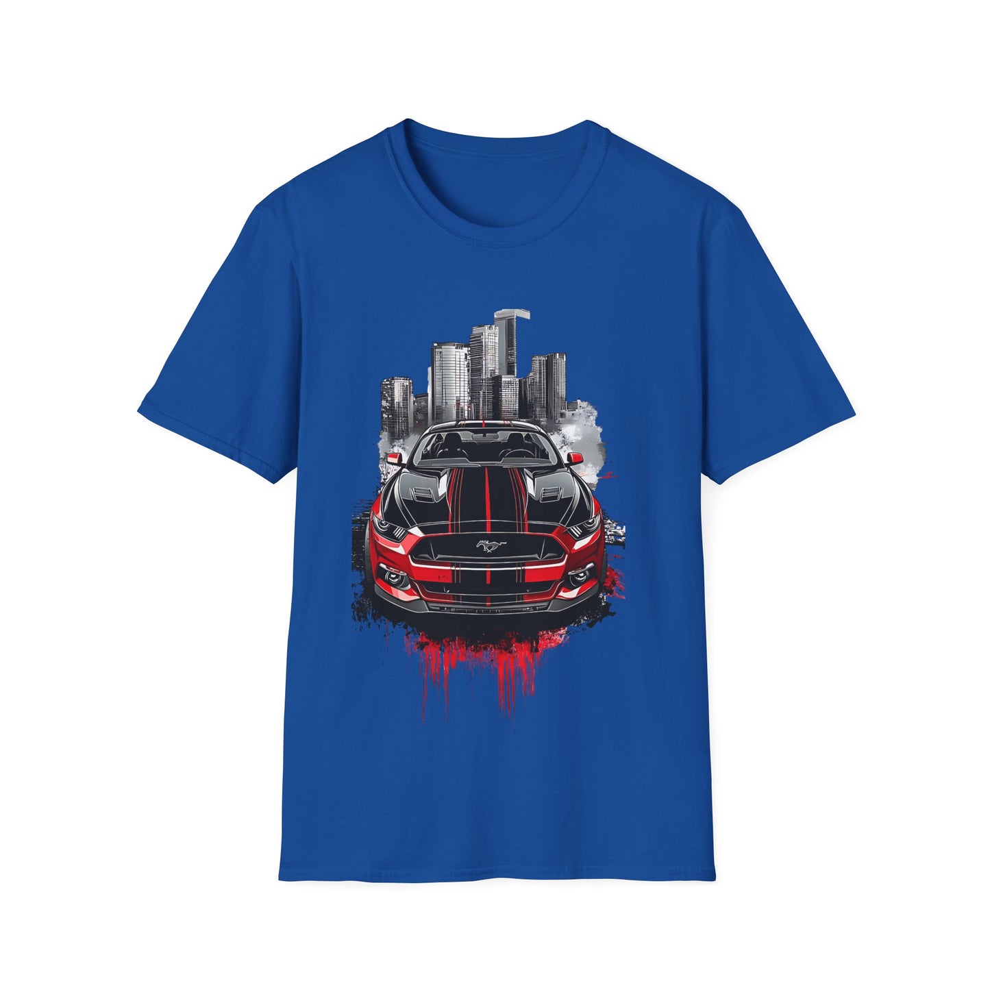 Mustang Car Cityscape T‑Shirt — Red Mustang Front Graphic