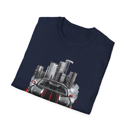 Mustang Car Cityscape T‑Shirt — Red Mustang Front Graphic