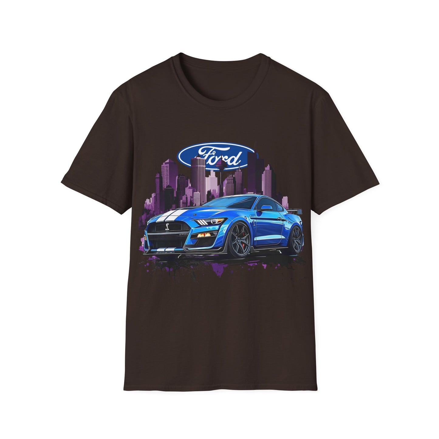 Ford Mustang Graphic T-Shirt — Blue Muscle Car Cityscape Tee