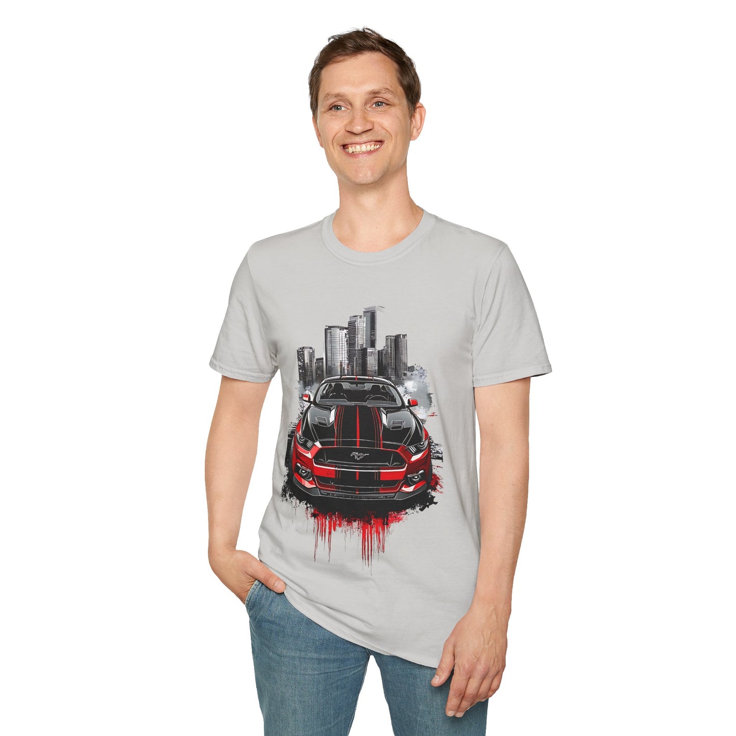 Mustang Car Cityscape T‑Shirt — Red Mustang Front Graphic